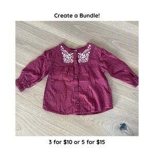 Old Navy Girls Maroon Embroidered Three Quarter Sleeved Peasant Shirt Sz 12-18M